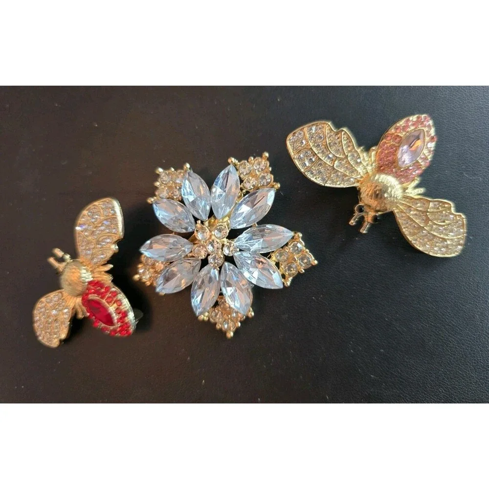 Gold Tone Bee And Rhinestone Flower Brooch Lot Sparkly Insect Floral Pins #334